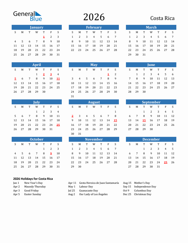 Costa Rica 2026 Calendar with Holidays
