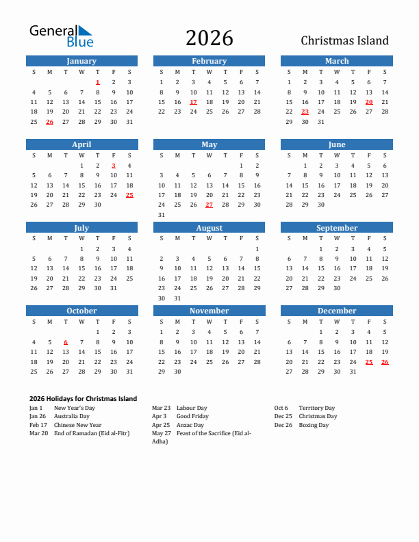 Christmas Island 2026 Calendar with Holidays