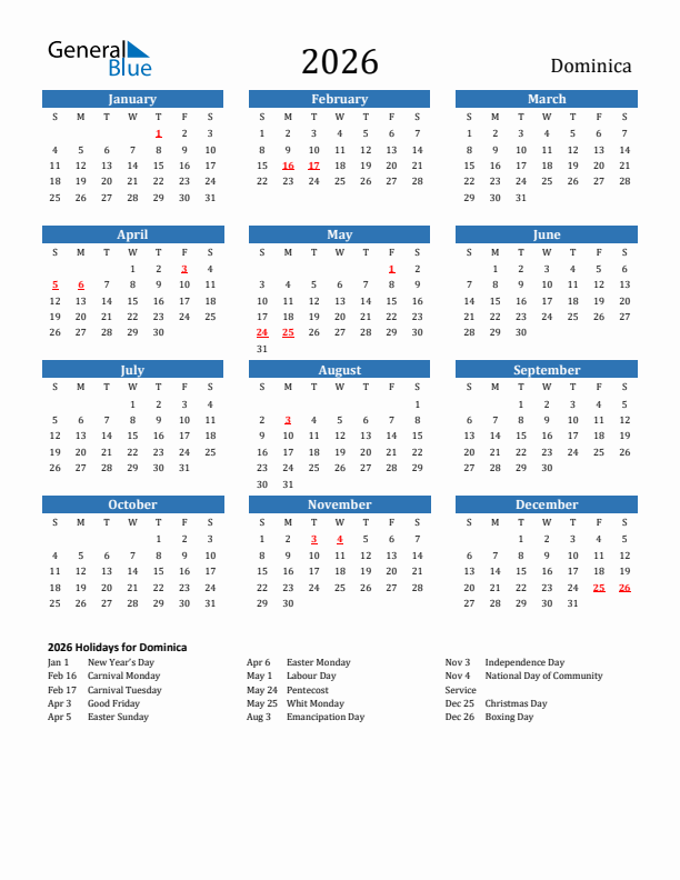 Dominica 2026 Calendar with Holidays