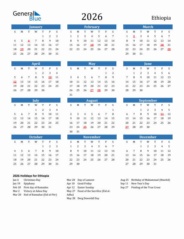 Ethiopia 2026 Calendar with Holidays