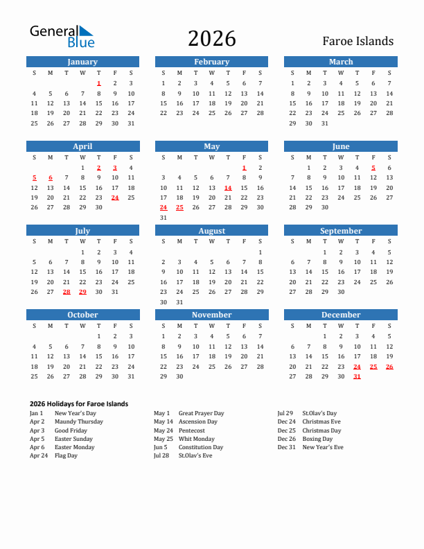 Faroe Islands 2026 Calendar with Holidays
