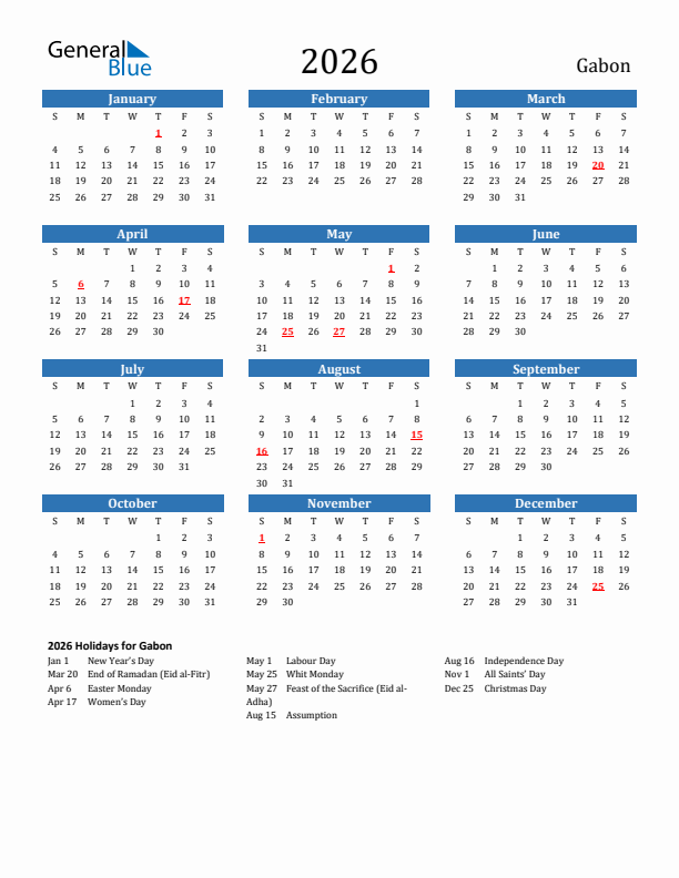Gabon 2026 Calendar with Holidays