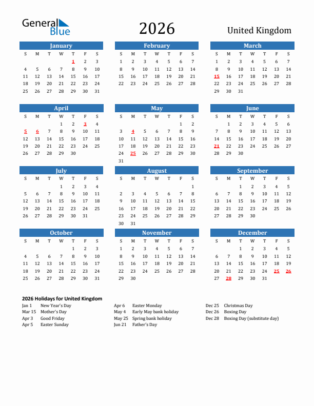 United Kingdom 2026 Calendar with Holidays