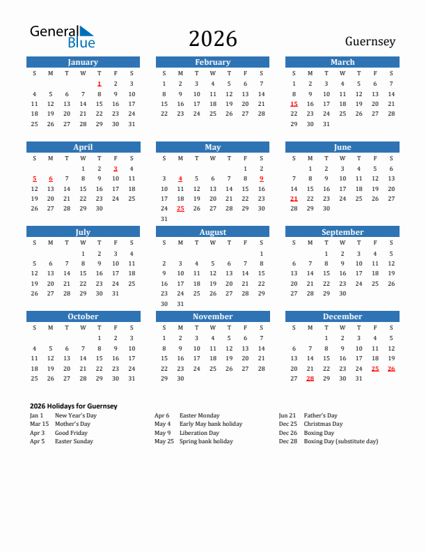 Guernsey 2026 Calendar with Holidays