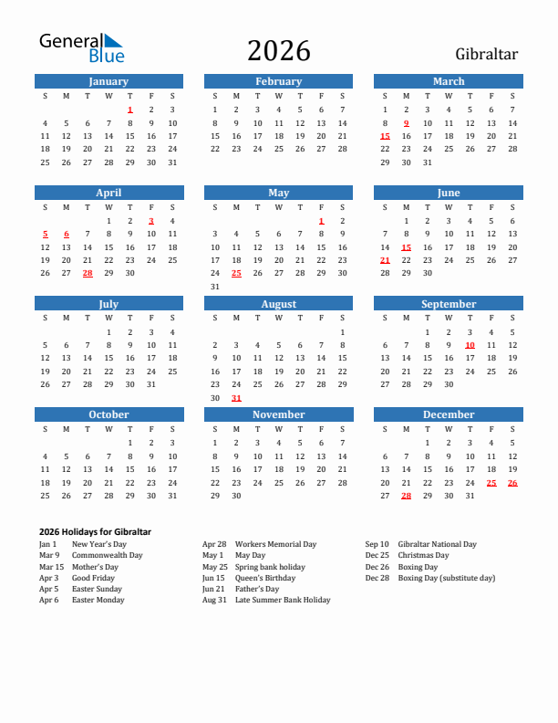 Gibraltar 2026 Calendar with Holidays