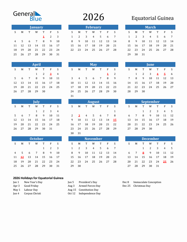 Equatorial Guinea 2026 Calendar with Holidays