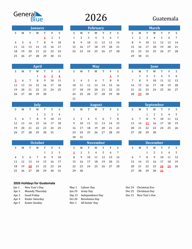 Guatemala 2026 Calendar with Holidays