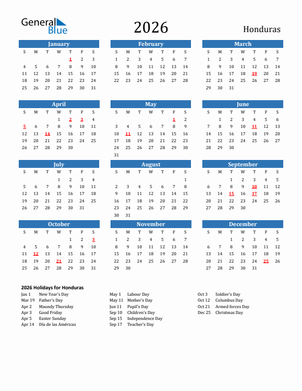 Honduras 2026 Calendar with Holidays