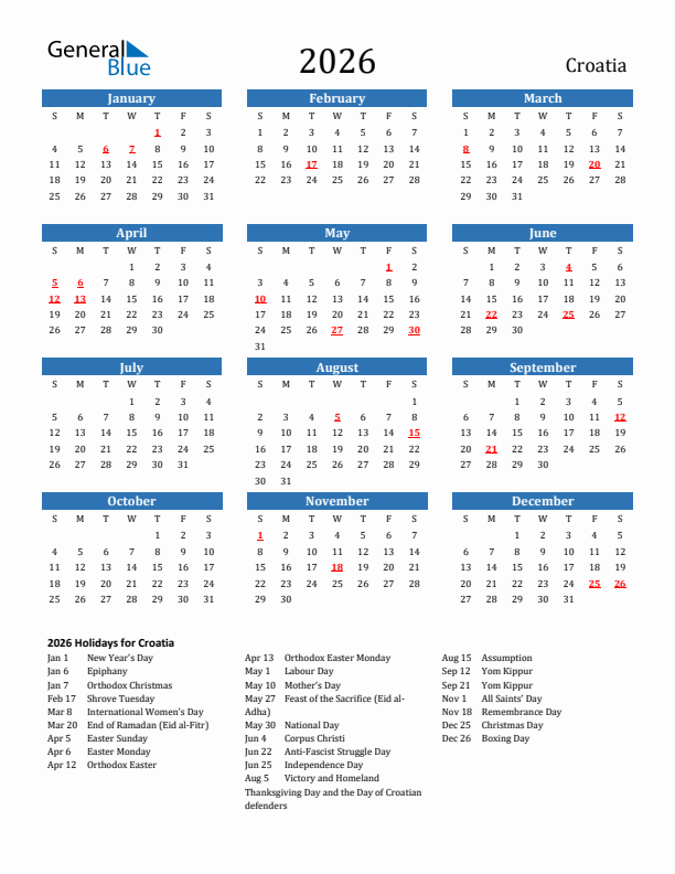 Croatia 2026 Calendar with Holidays