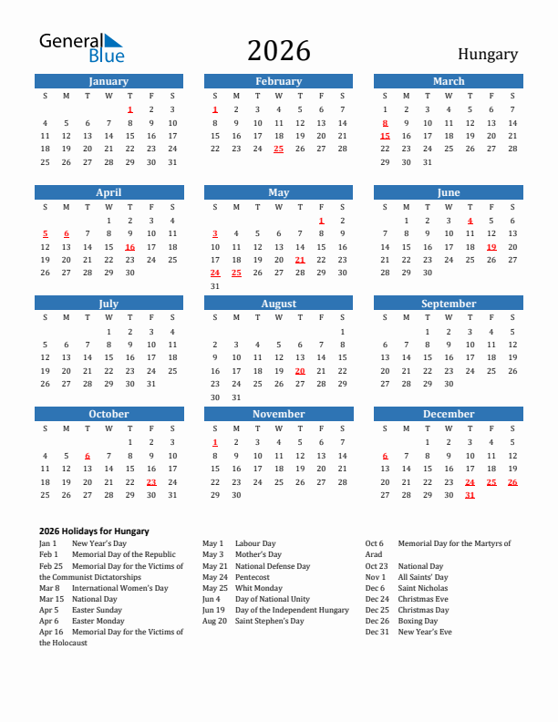 Hungary 2026 Calendar with Holidays