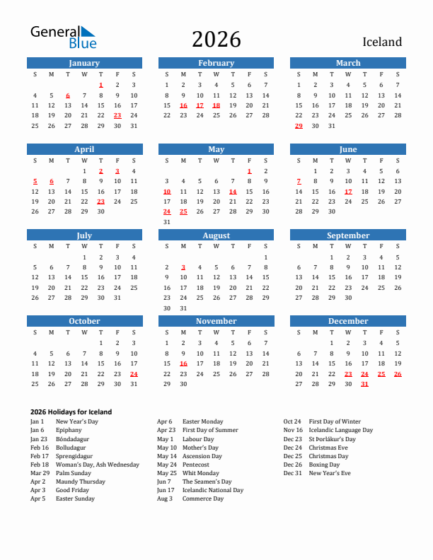 Iceland 2026 Calendar with Holidays