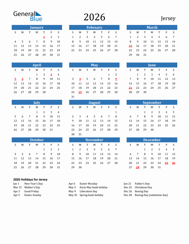 Jersey 2026 Calendar with Holidays