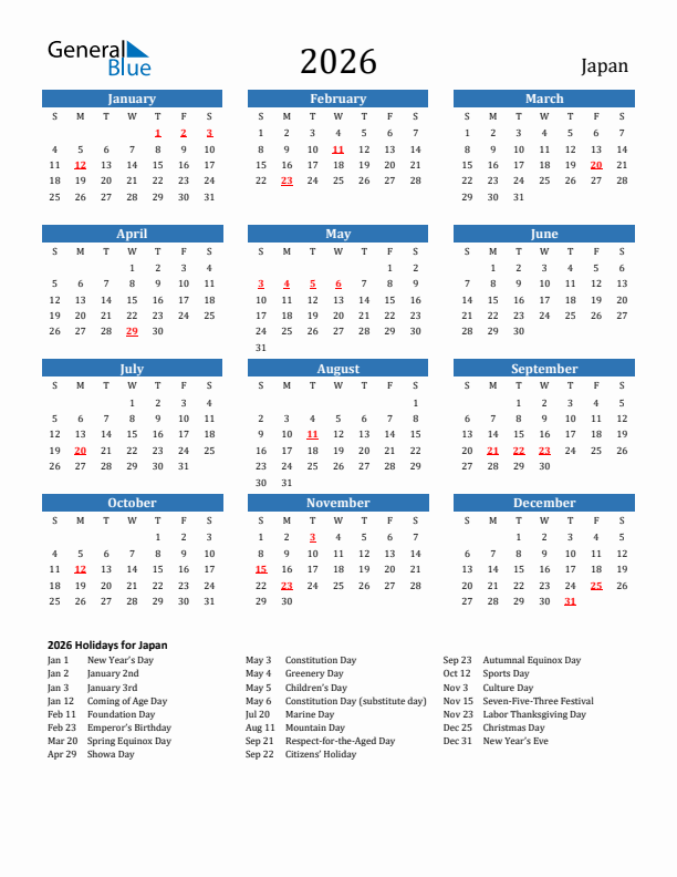 Japan 2026 Calendar with Holidays