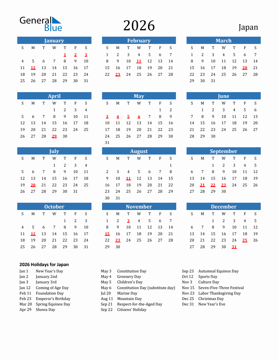 Japan 2026 Calendar with Holidays