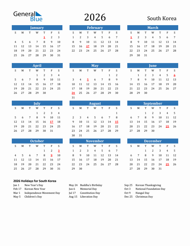 South Korea 2026 Calendar with Holidays