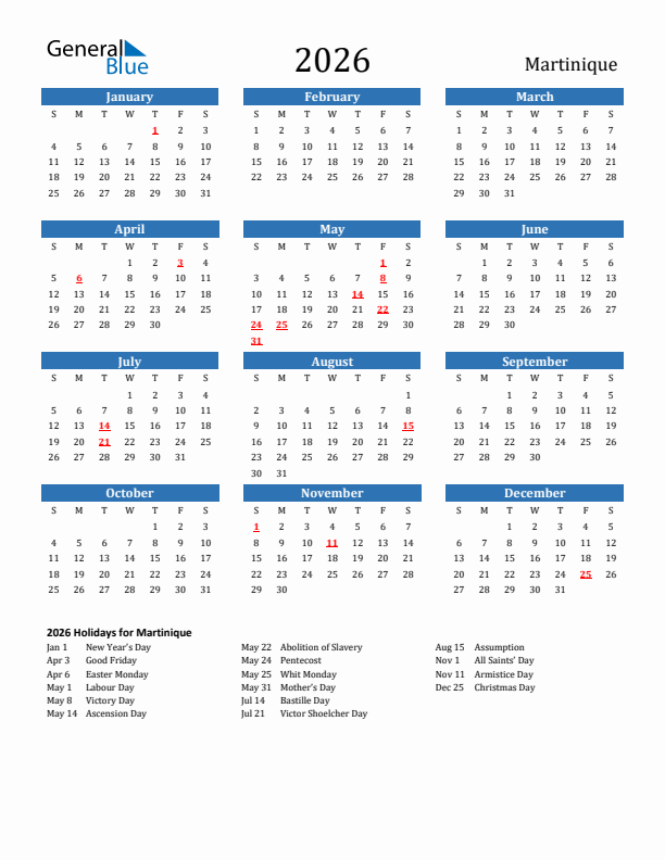 Martinique 2026 Calendar with Holidays