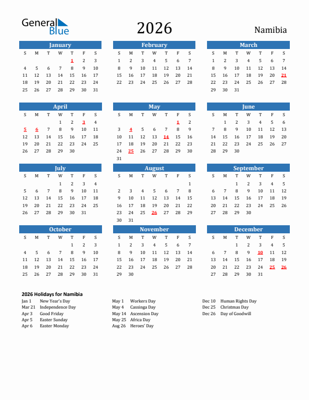 Namibia 2026 Calendar with Holidays
