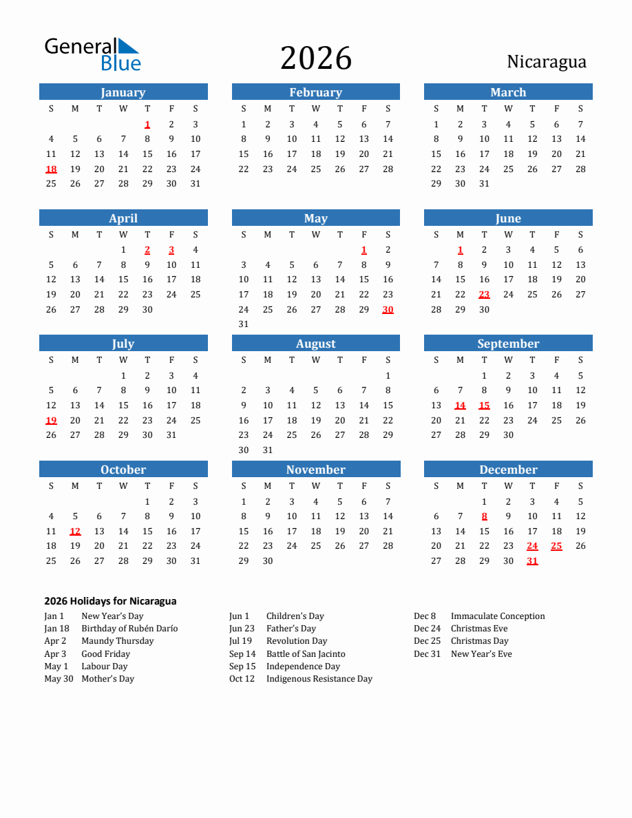 Nicaragua 2026 Calendar with Holidays