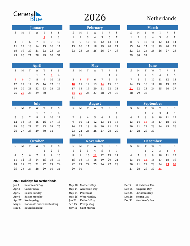 The Netherlands 2026 Calendar with Holidays