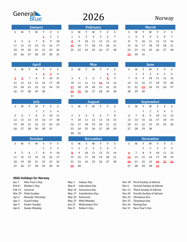 Norway 2026 Calendar with Holidays