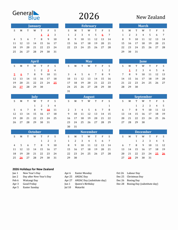New Zealand 2026 Calendar with Holidays