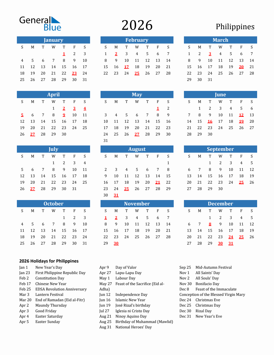 2024 Calendar Philippines With Holidays Printable