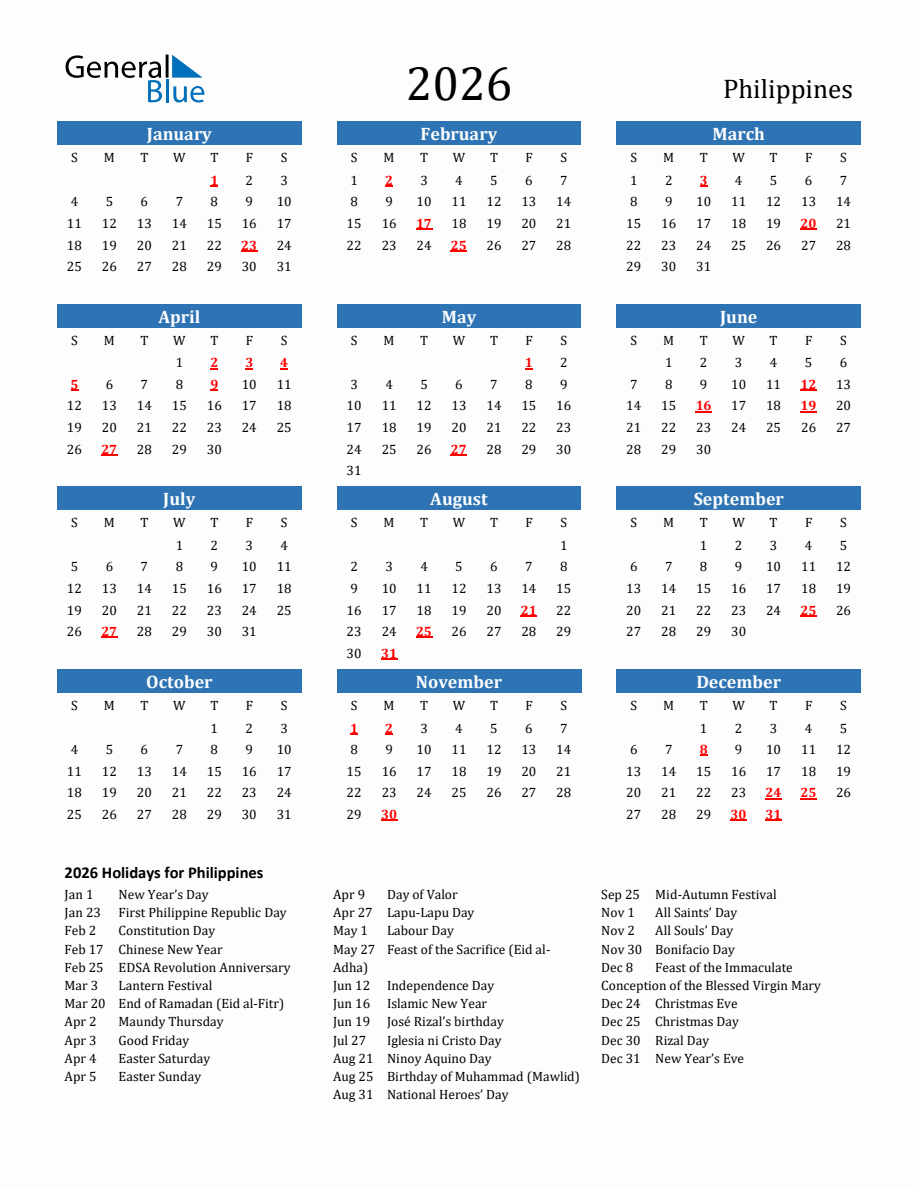 Philippines 2026 Calendar with Holidays