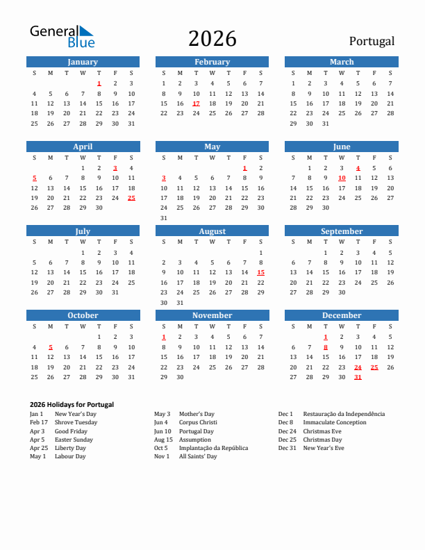 Portugal 2026 Calendar with Holidays