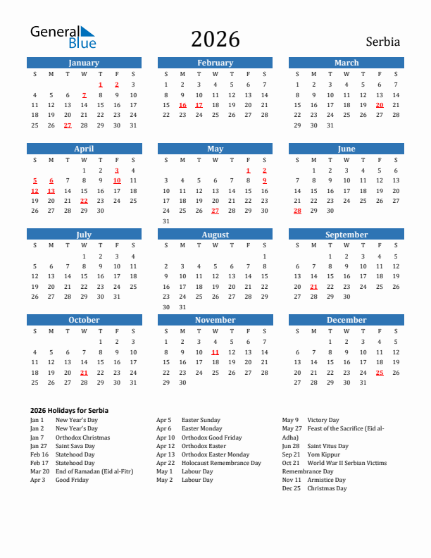 Serbia 2026 Calendar with Holidays