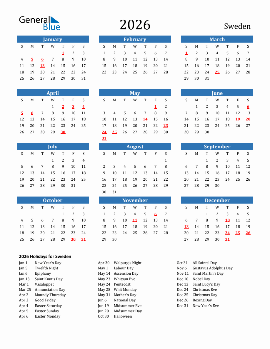 Sweden 2026 Calendar with Holidays