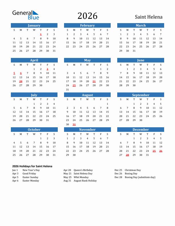 Saint Helena 2026 Calendar with Holidays