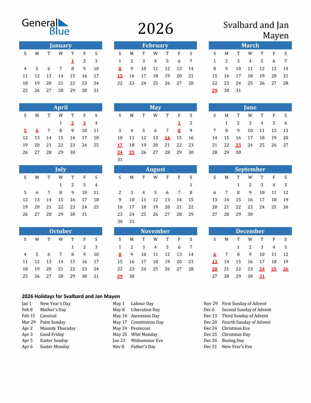 2026 Svalbard and Jan Mayen Calendar with Holidays