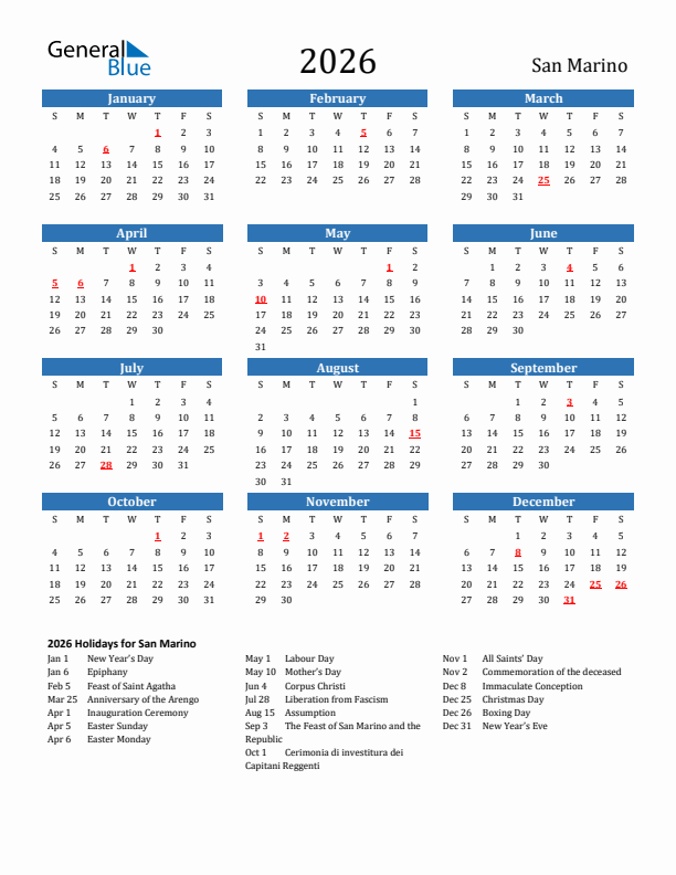 San Marino 2026 Calendar with Holidays