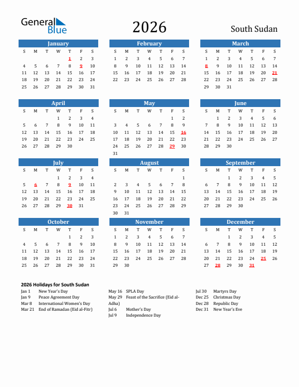 South Sudan 2026 Calendar with Holidays