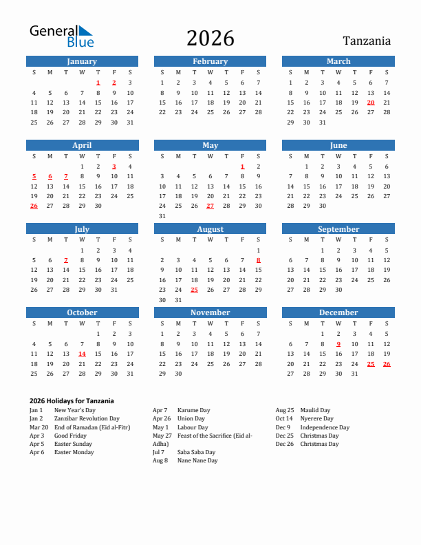 Tanzania 2026 Calendar with Holidays