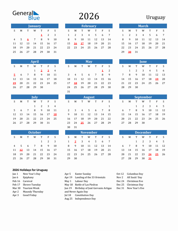 Uruguay 2026 Calendar with Holidays