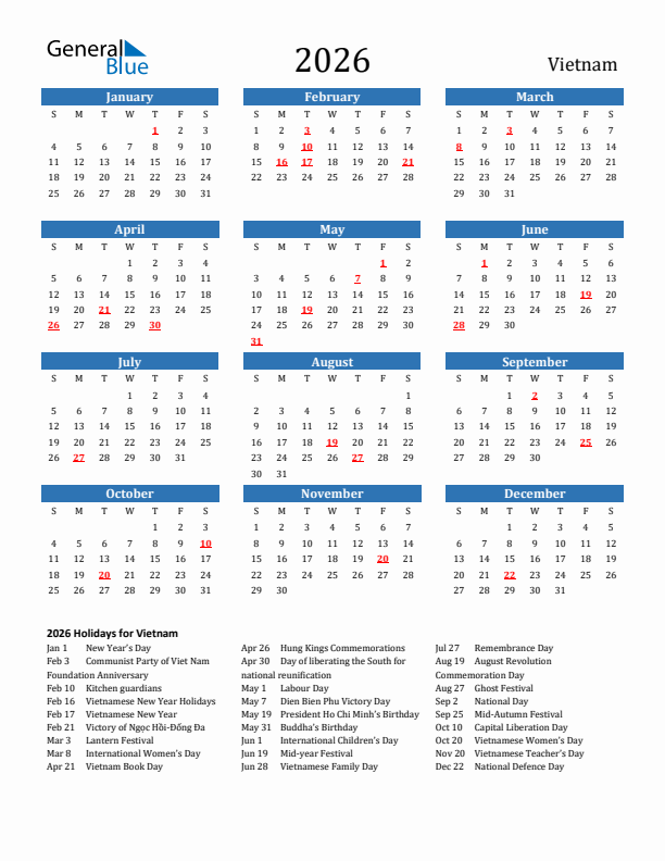 Vietnam 2026 Calendar with Holidays