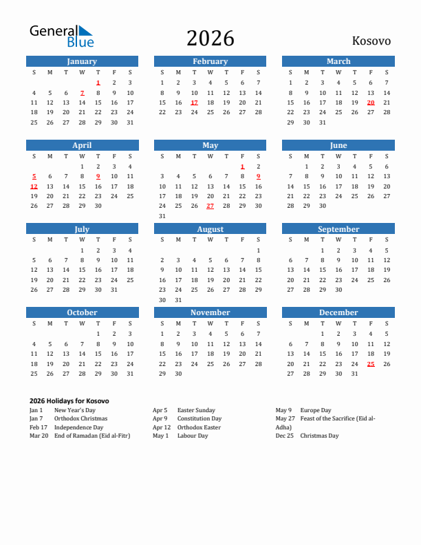 Kosovo 2026 Calendar with Holidays