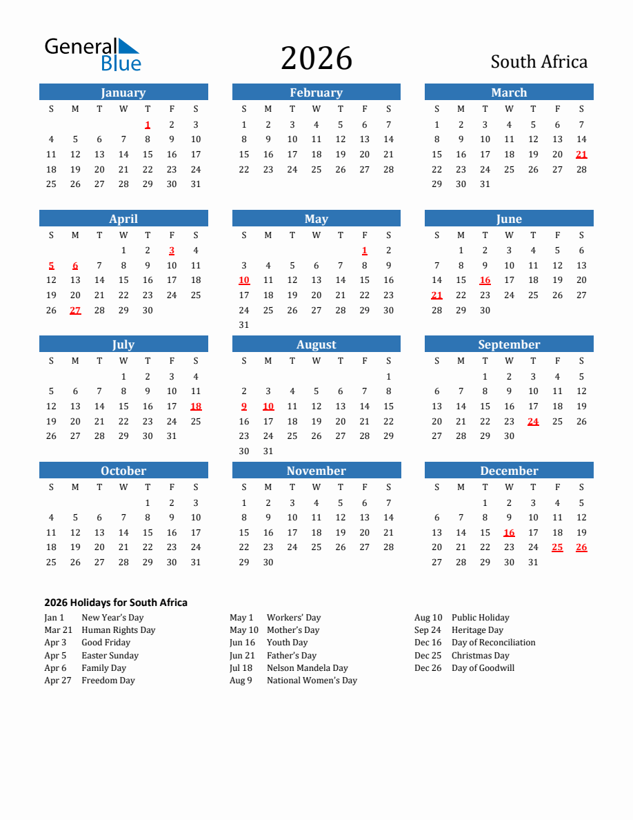 South Africa 2026 Calendar with Holidays