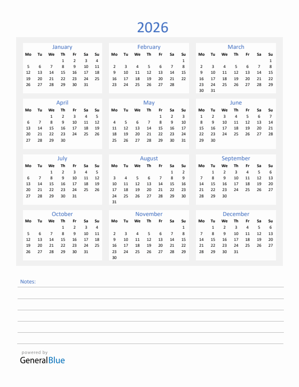 2026 Yearly Calendar Template with Notes Section (PDF Excel Word)