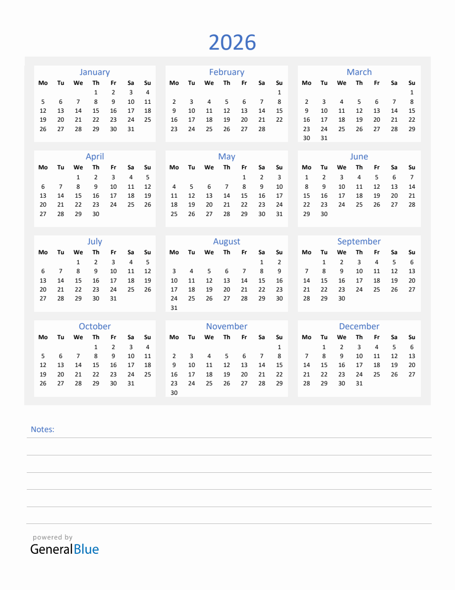 2026 Yearly Calendar Template With Notes Section