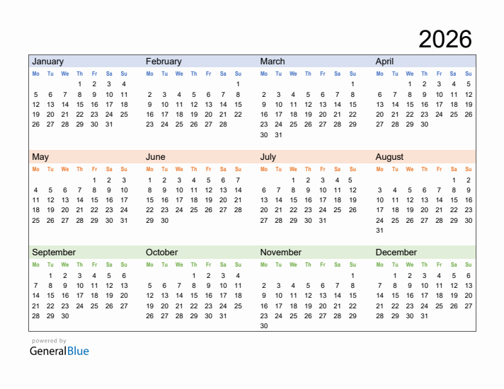 Free Downloadable 2026 Yearly Calendar Template 