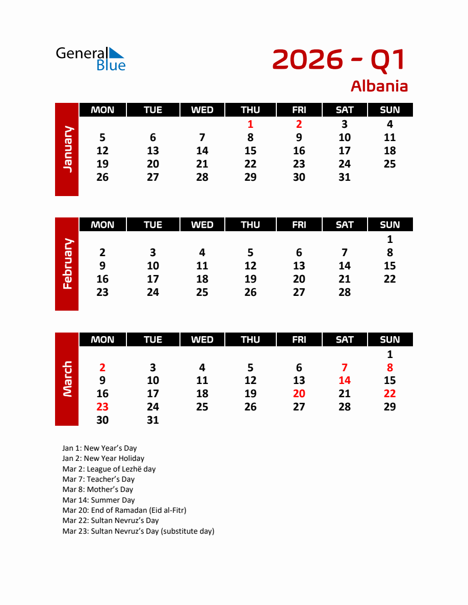 Q1 2026 Calendar with Holidays