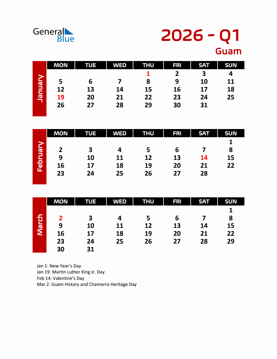 Q1 2026 Calendar with Holidays