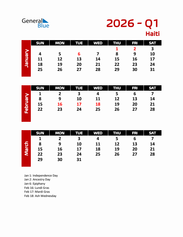 Q1 2026 Calendar with Holidays