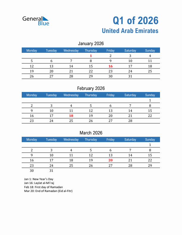 United Arab Emirates 2026 Quarterly Calendar with Monday Start