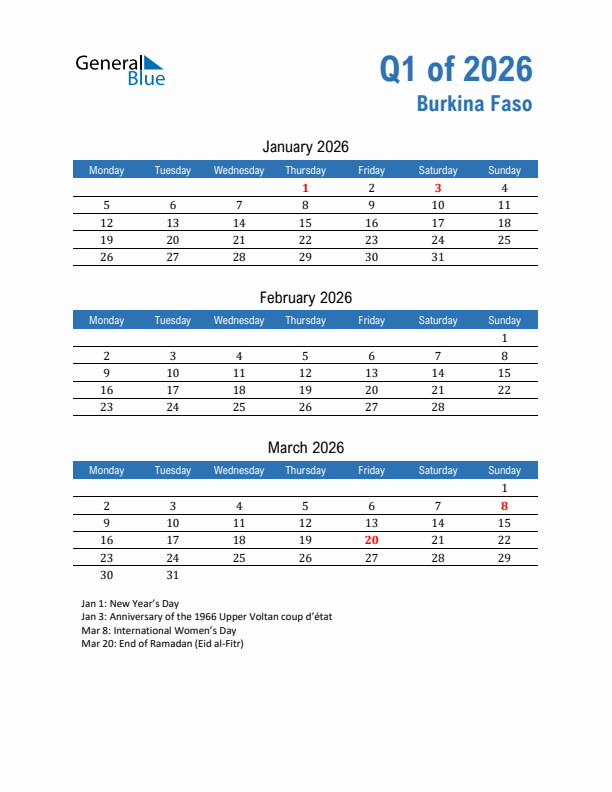 Burkina Faso 2026 Quarterly Calendar with Monday Start