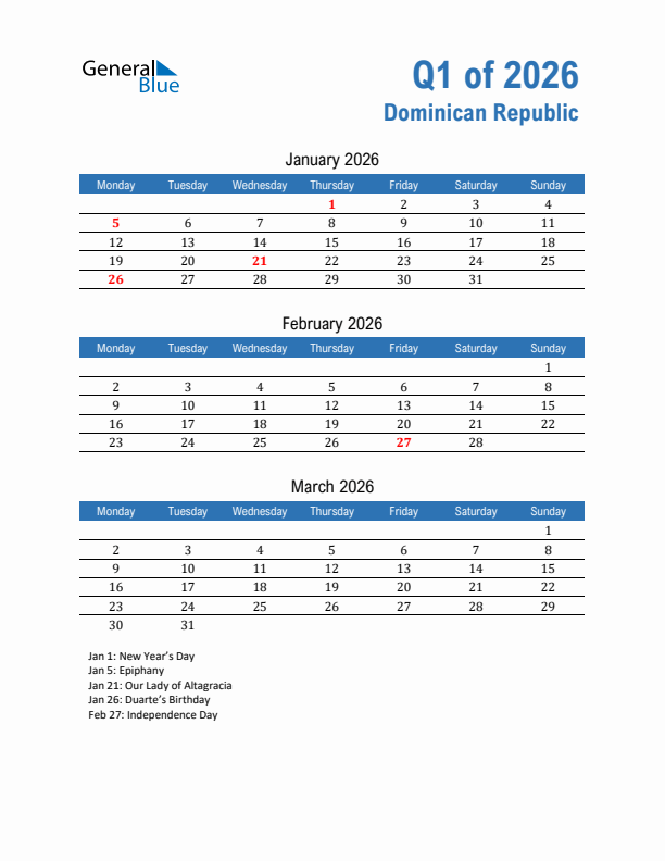 Dominican Republic 2026 Quarterly Calendar with Monday Start