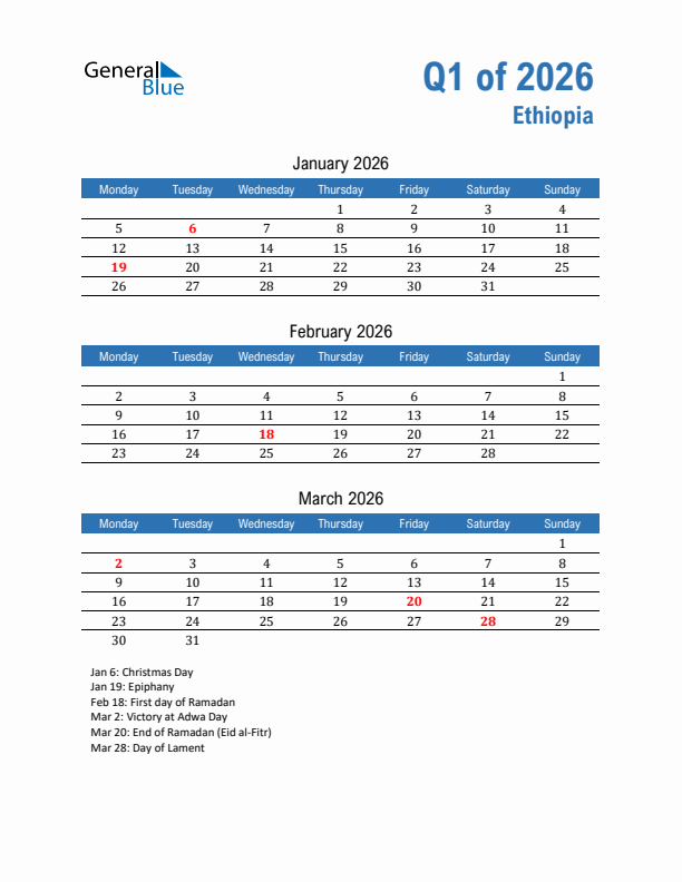 Ethiopia 2026 Quarterly Calendar with Monday Start