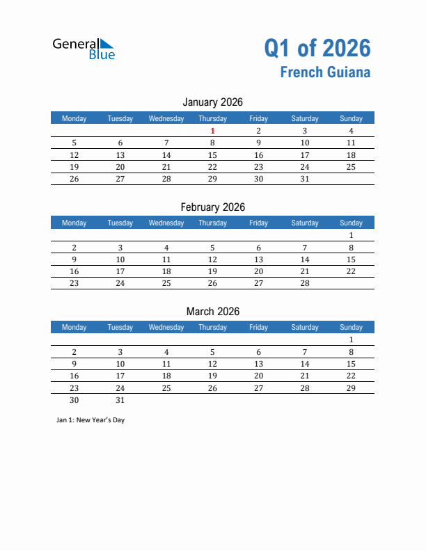 French Guiana 2026 Quarterly Calendar with Monday Start